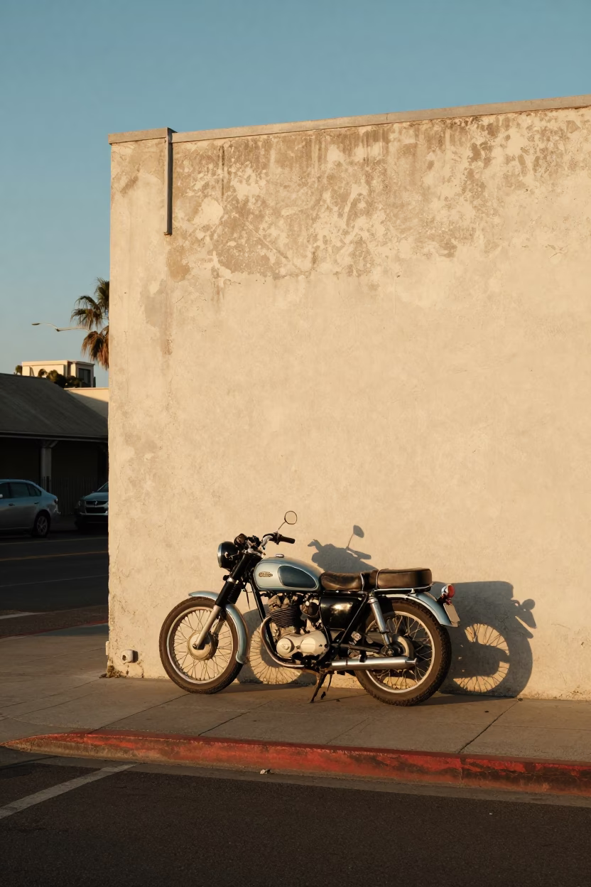 Vintage San Diego Late Afternoon Street Scene with Motorcycle and Ladder-Back Chair in in San Diego, California, United States