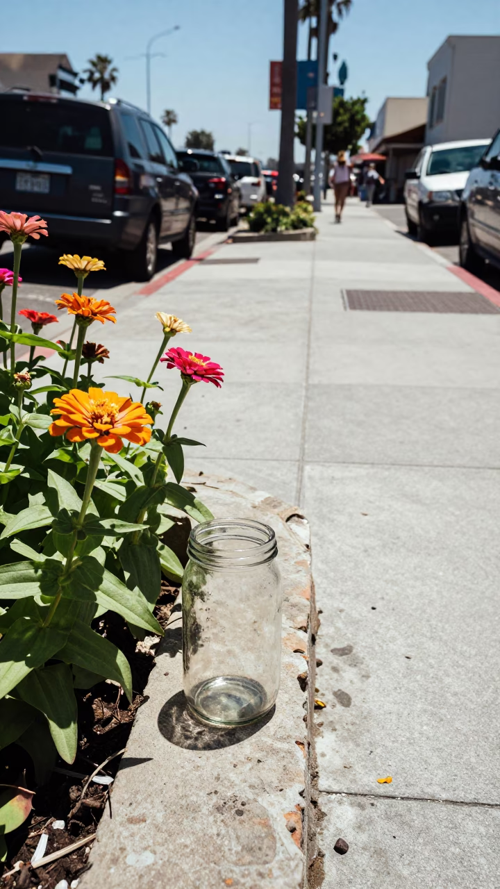 Vintage San Diego Midday Street Scene with Zinnias and Glass Jar in in San Diego, California, United States