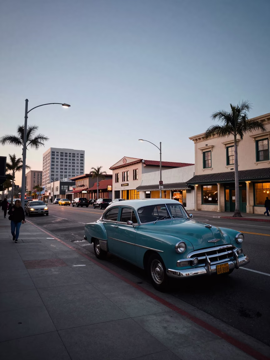 Vintage San Diego Street Scene at Nautical Dawn with Local Market Activity in in San Diego, California, United States