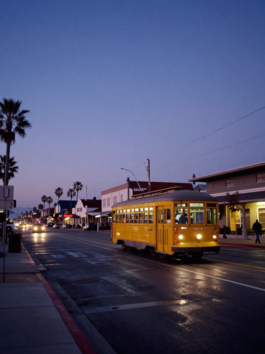 Vintage San Diego Street Scene at Nautical Dawn with Tramcar and Yellow Taxi in in San Diego, California, United States