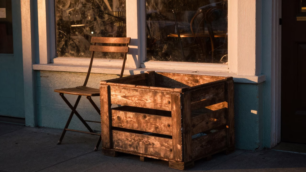 Vintage San Diego Street Scene with Crate and Window Light Before Dusk in in San Diego, California, United States