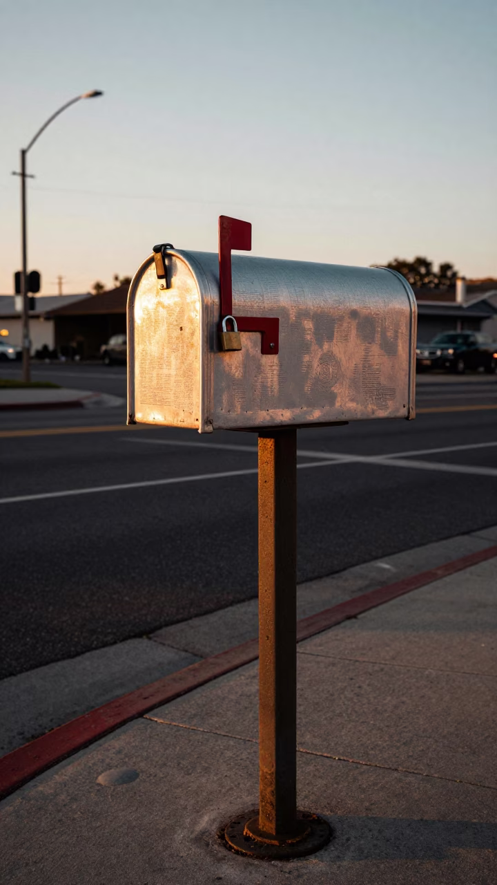 Vintage San Diego Sunset Street Scene with Mailbox and Padlock Details in in San Diego, California, United States