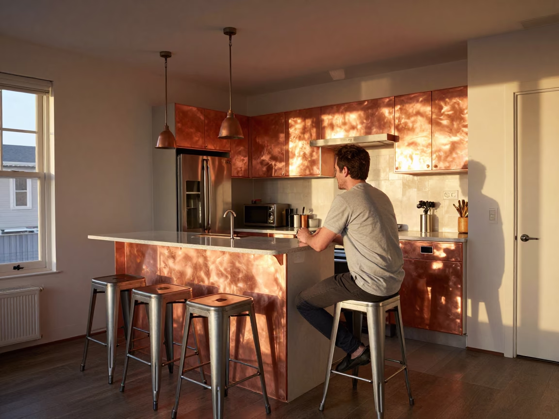 Vintage San Francisco Apartment Kitchen with Metal Stools and Copper Toned Light Before Dusk in in San Francisco, California, United States