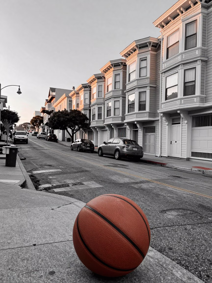 Vintage San Francisco Street Scene Before Sunrise with Leather Basketball and Notebook on Cobblestone in in San Francisco, California, United States