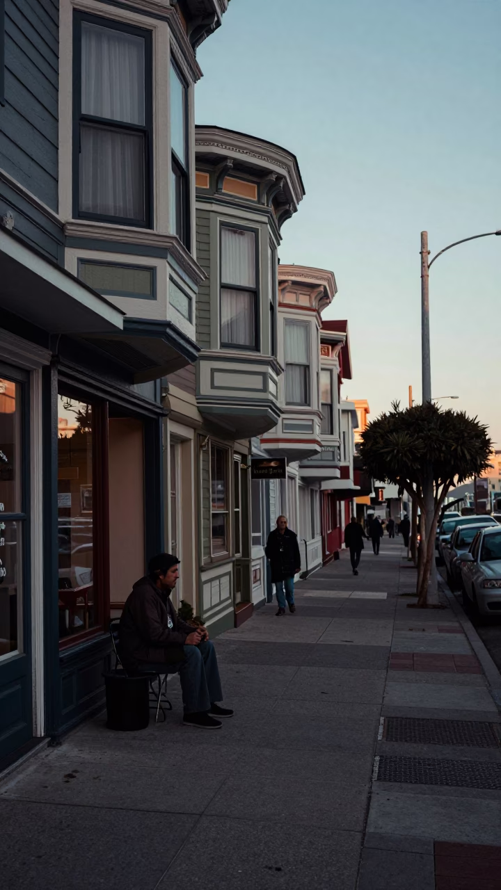 Vintage San Francisco Street Scene Before Sunrise with Local Shopkeeper and Wicker Shadow in in San Francisco, California, United States
