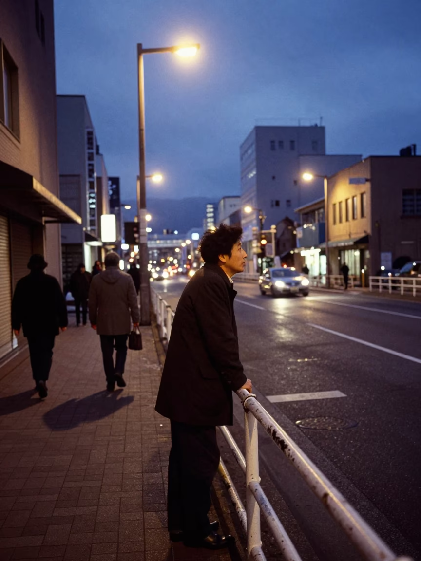 Vintage Sapporo Street Scene Predawn Darkness Local Interaction and Urban Details in in Sapporo, Japan