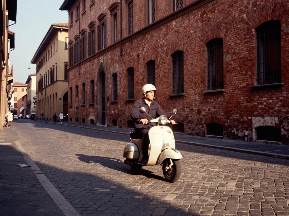 Vintage Scooter Navigating Cobblestone Street in Bologna Italy Early Afternoon in in Bologna, Italy