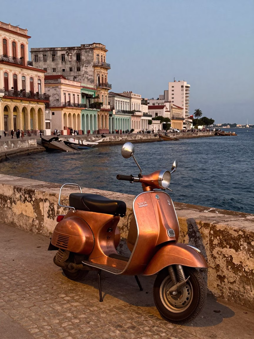 Vintage Scooter Parked on Havana Harbor Promenade in Copper Toned Dusk Light in in Havana, Cuba
