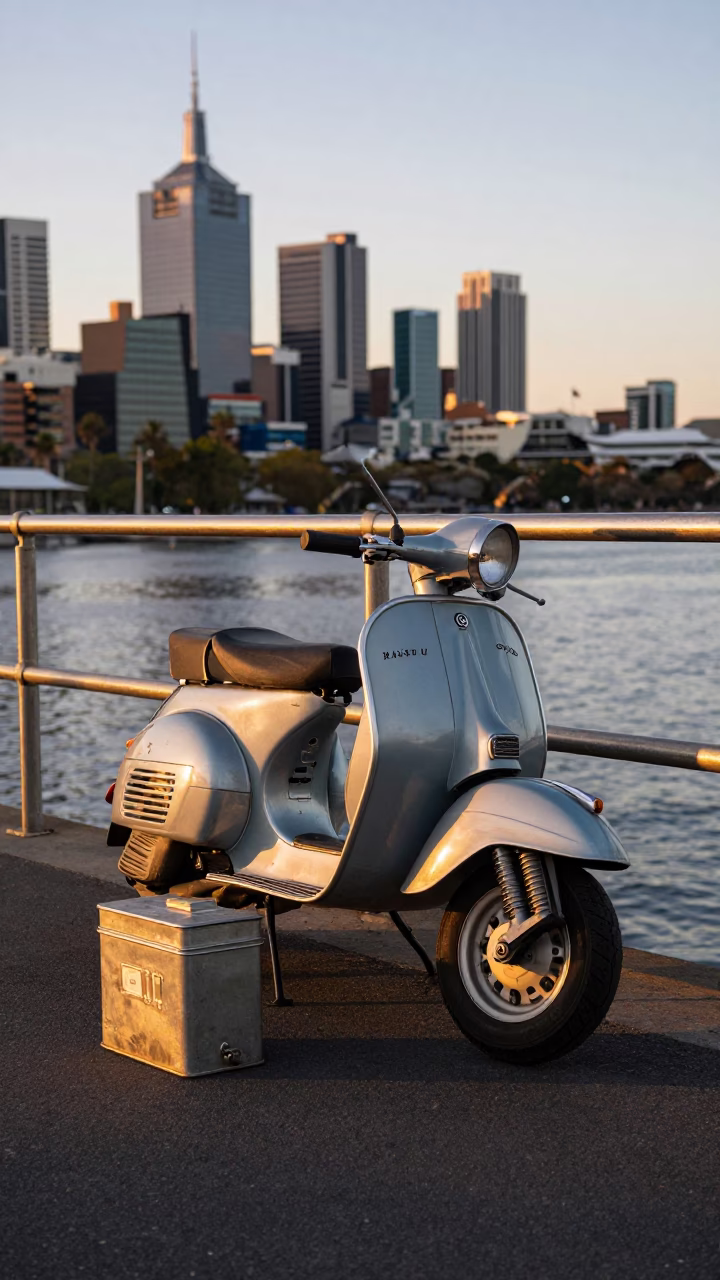 Vintage Scooter Parked on Melbourne Harbor Promenade at Sunset with Storage Tin in in Melbourne, Victoria, Australia