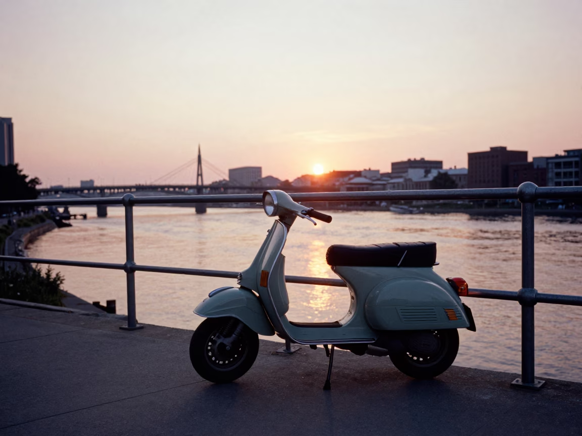 Vintage Scooter Parked on Nashville Tennessee Harbor Promenade at Sunset in in Nashville, Tennessee, United States