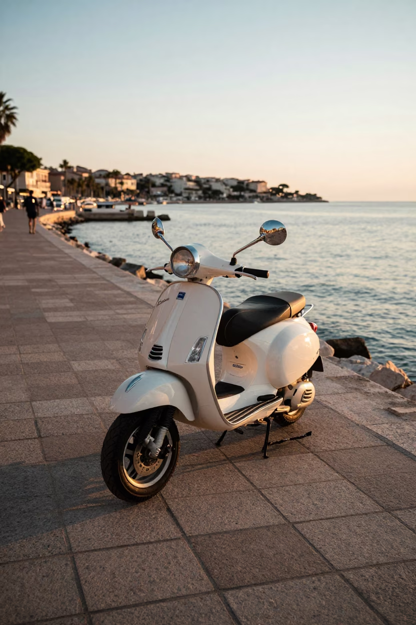 Vintage Scooter Parked on Nice Harbor Promenade at Sunset with Water Tower View in in Nice, France
