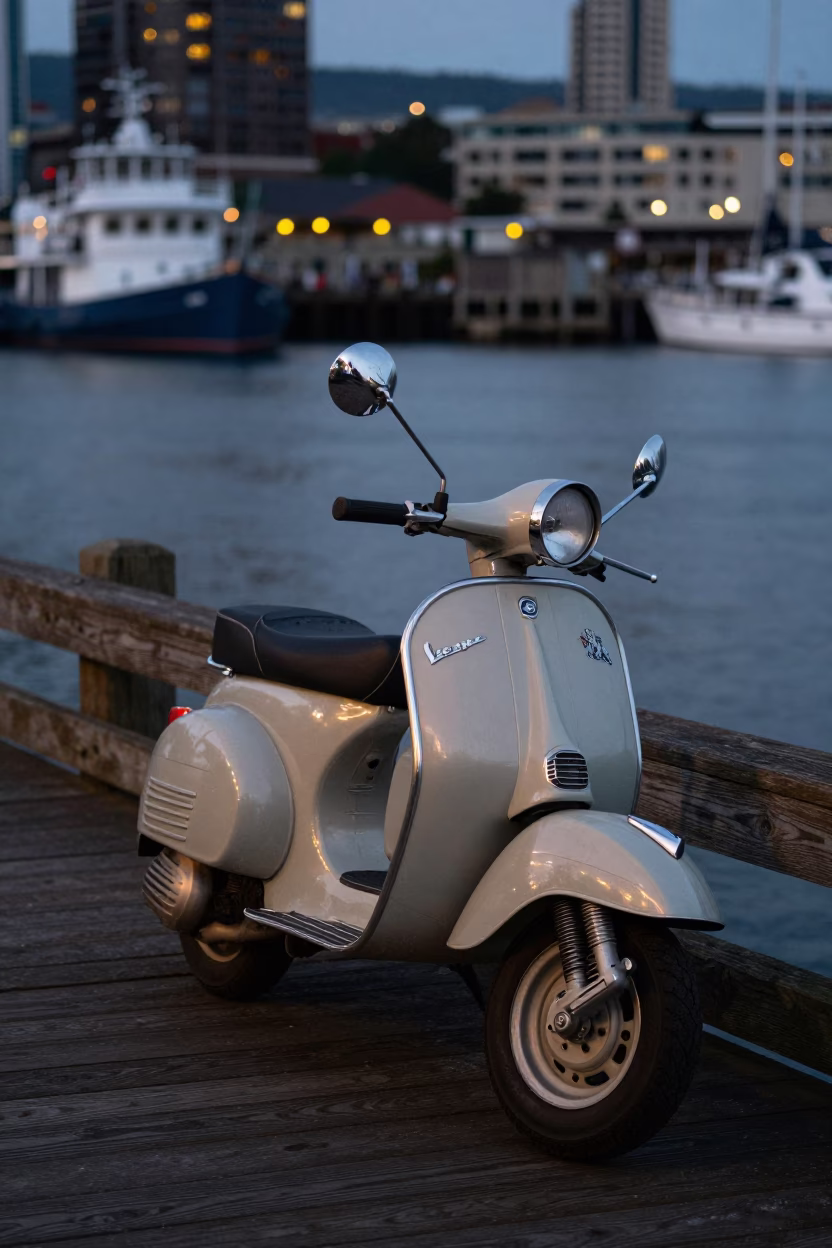 Vintage Scooter Parked on Portland Harbor Promenade Early Evening Sunset in in Portland, Oregon, United States
