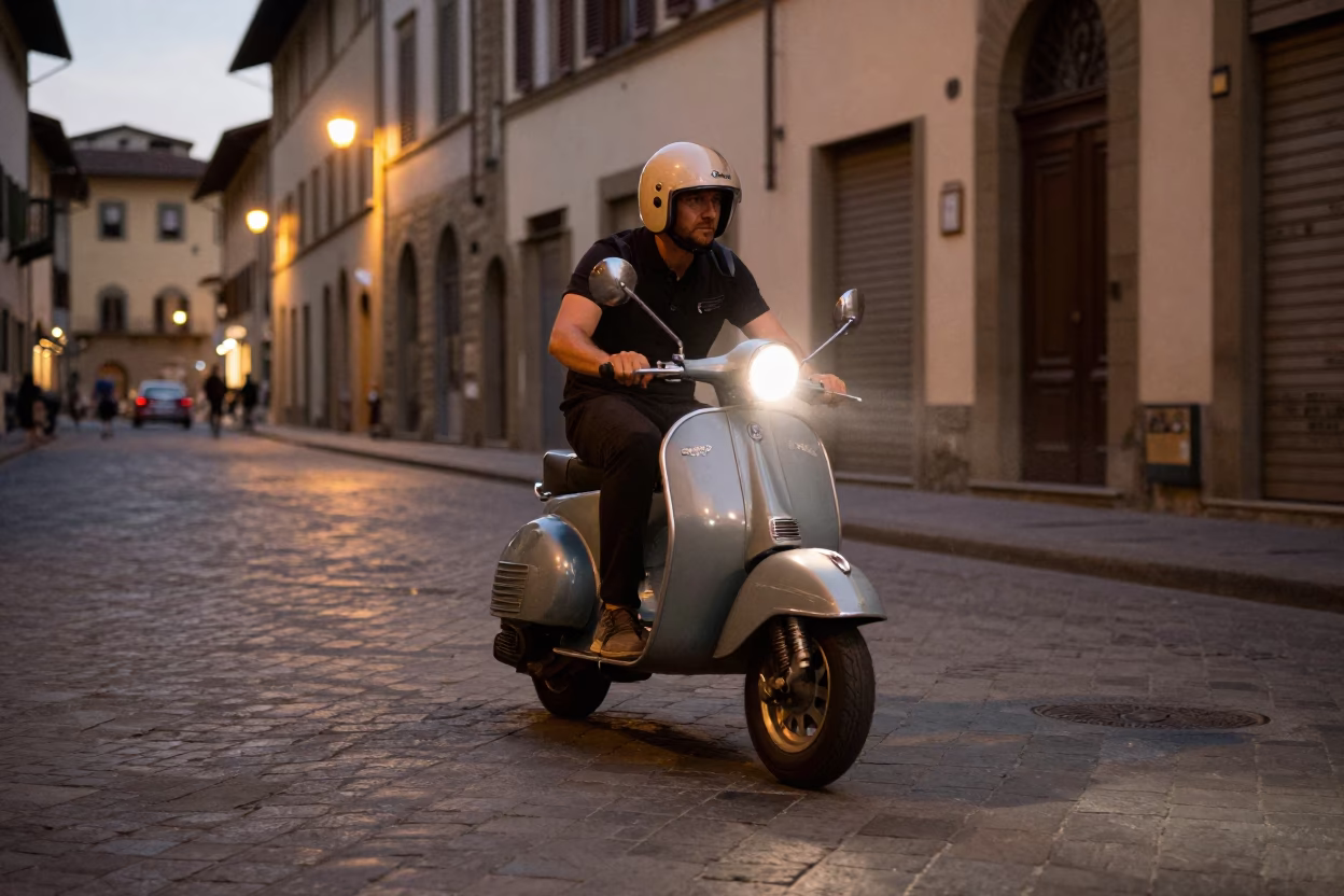 Vintage Scooter Winding Through Florence Old Town Streets at Dusk with Historic Architecture in in Florence, Italy