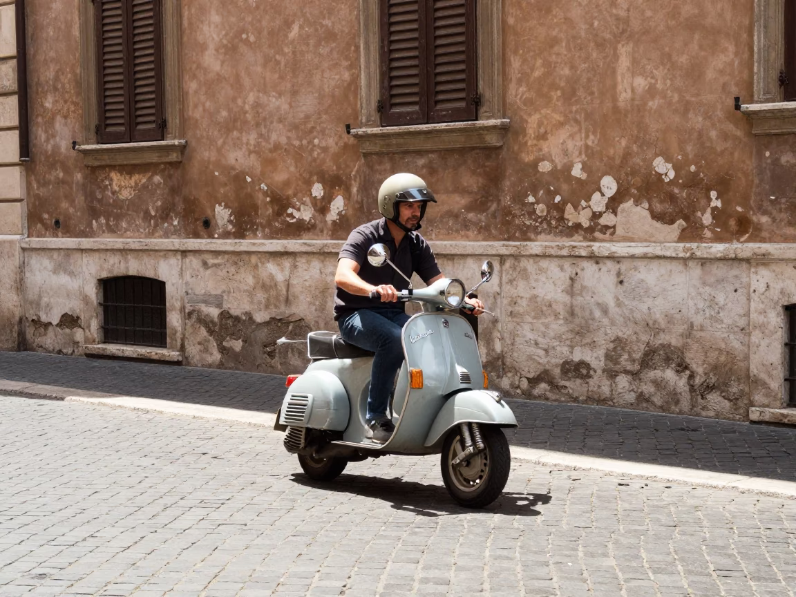 Vintage Scooter Winding Through Roman Street in Bright Midmorning Light in in Rome, Italy
