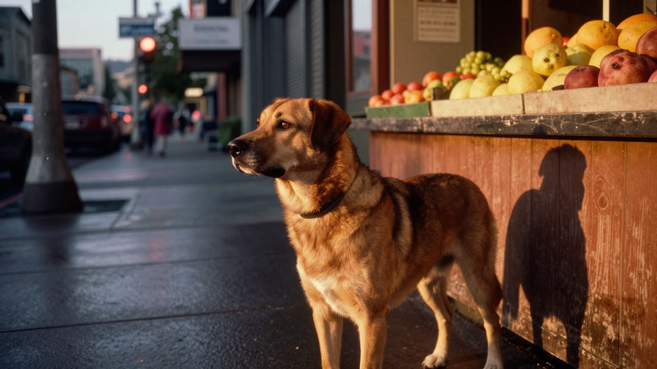 Vintage Seattle Evening Street Scene with Stabyhoun Dog and Eggplants in Honeyed Light in in Seattle, Washington, United States