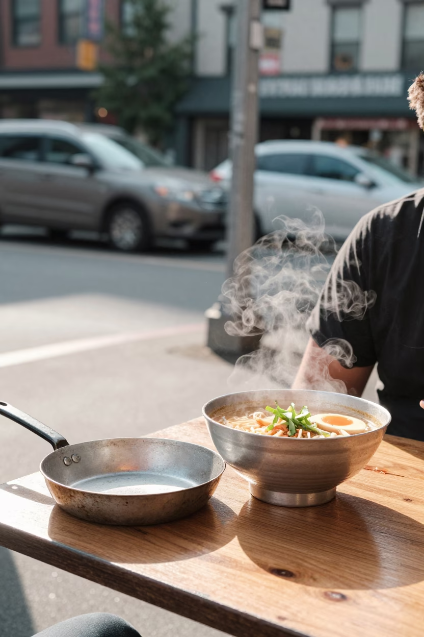 Vintage Seattle Late Morning Street Scene with Tantanmen Ramen and Skillet in in Seattle, Washington, United States