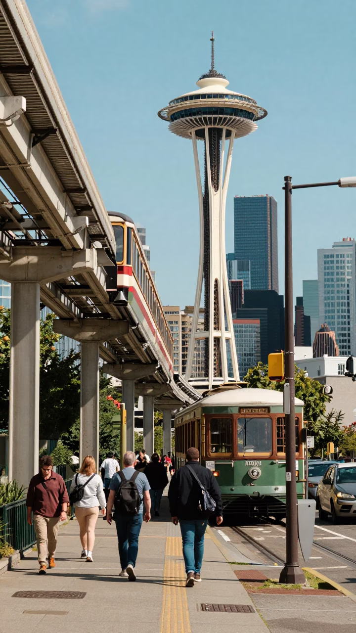 Vintage Seattle Midday Monorail Scene with Urban Street Life and Architecture in in Seattle, Washington, United States