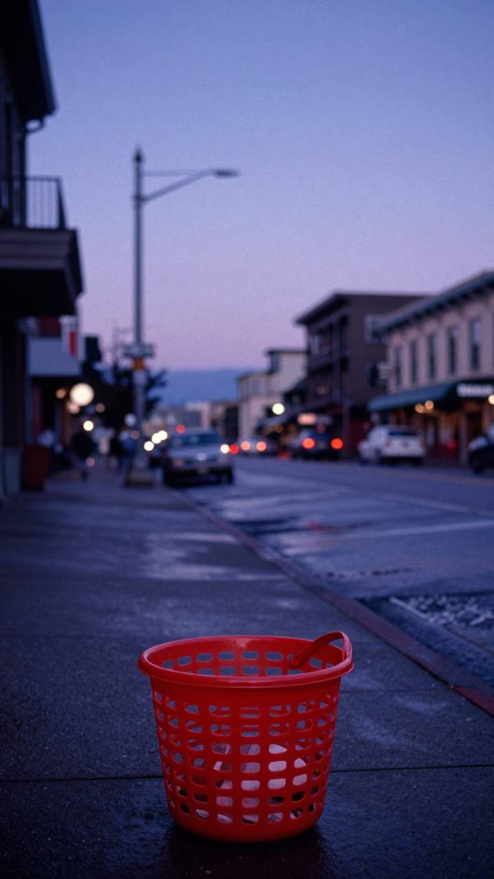 Vintage Seattle Nautical Dawn Street Scene with Laundry Basket and City Skyline in in Seattle, Washington, United States