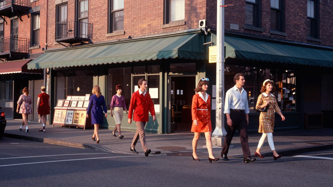 Vintage Seattle Street Scene After Sunrise with Fashionable Pedestrians and Local Architecture in in Seattle, Washington, United States
