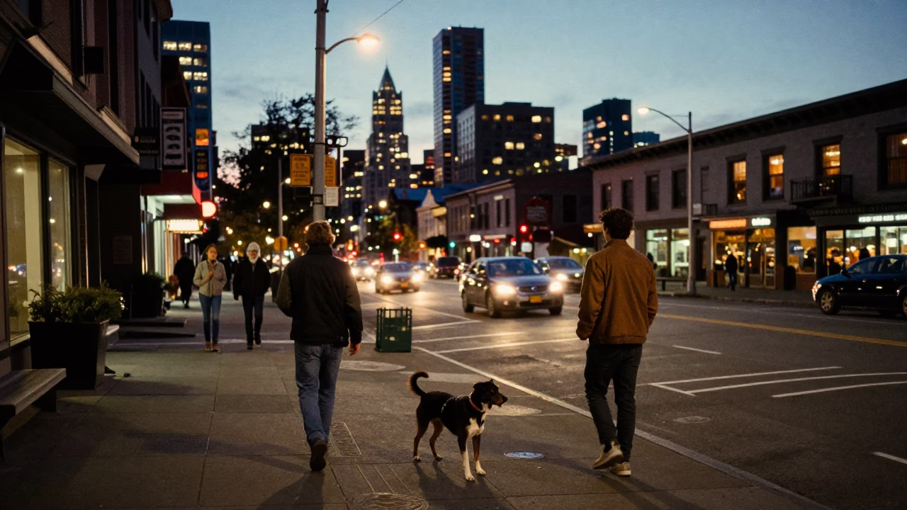 Vintage Seattle Street Scene at Dusk with Dog and Enamel Bowl in in Seattle, Washington, United States