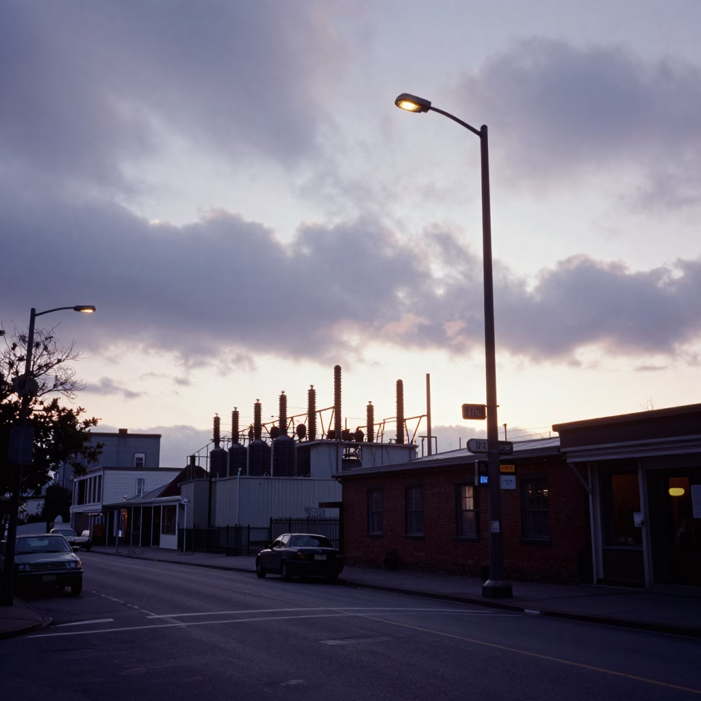 Vintage Seattle Street Scene at Nautical Dawn with Substation Transformer Yard in in Seattle, Washington, United States