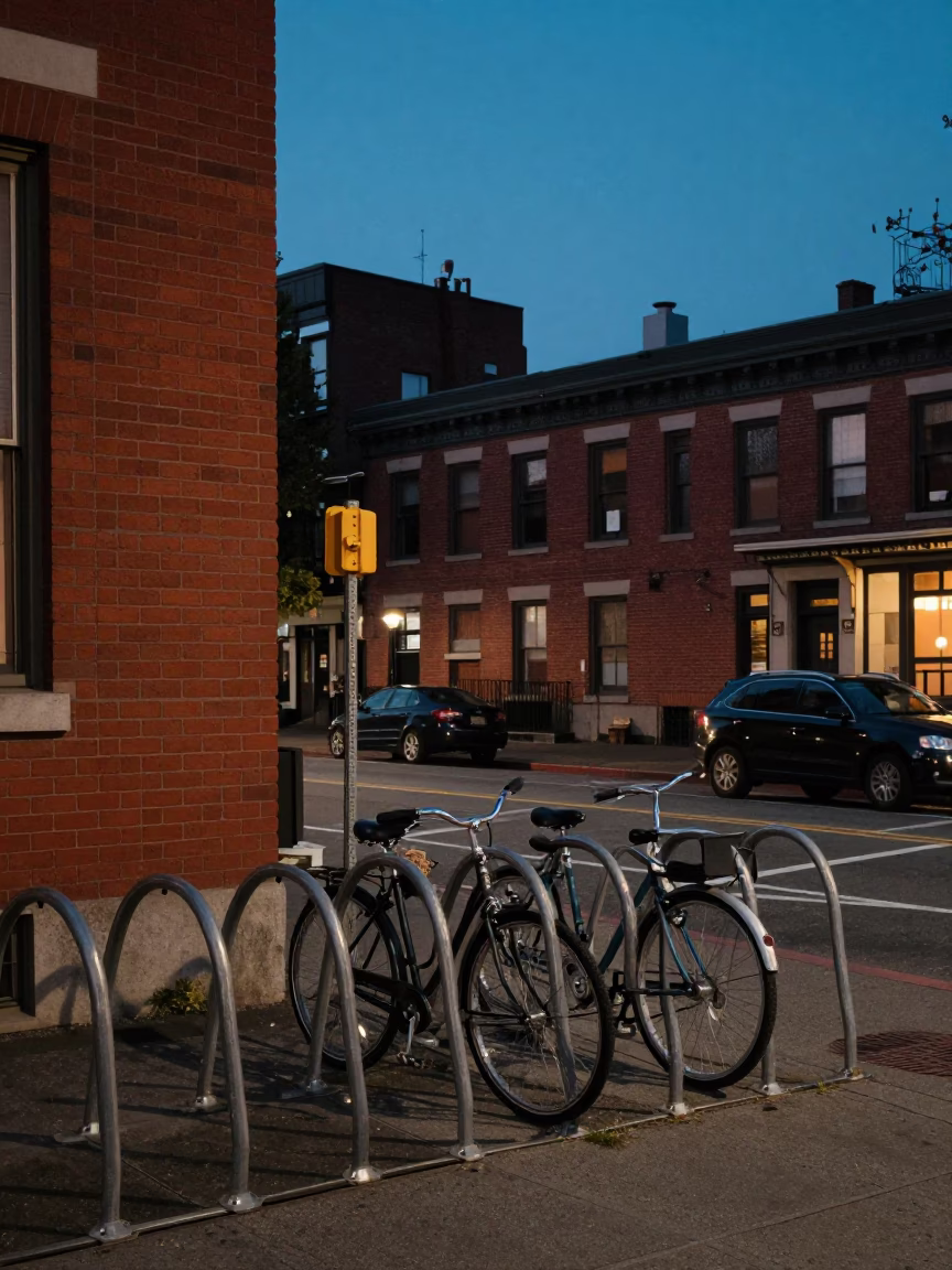 Vintage Seattle Street Scene at Twilight with Bicycle Rack and Padlock Detail in in Seattle, Washington, United States