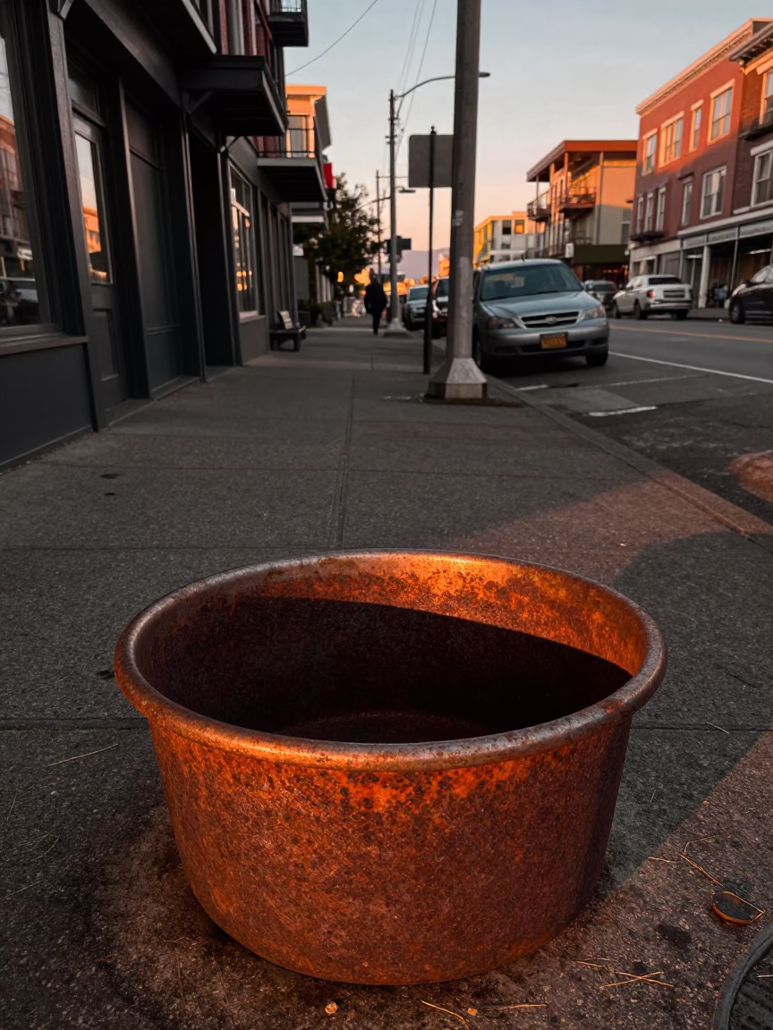 Vintage Seattle Street Scene Before Dusk with Rusty Basin and Wall Shelf in in Seattle, Washington, United States