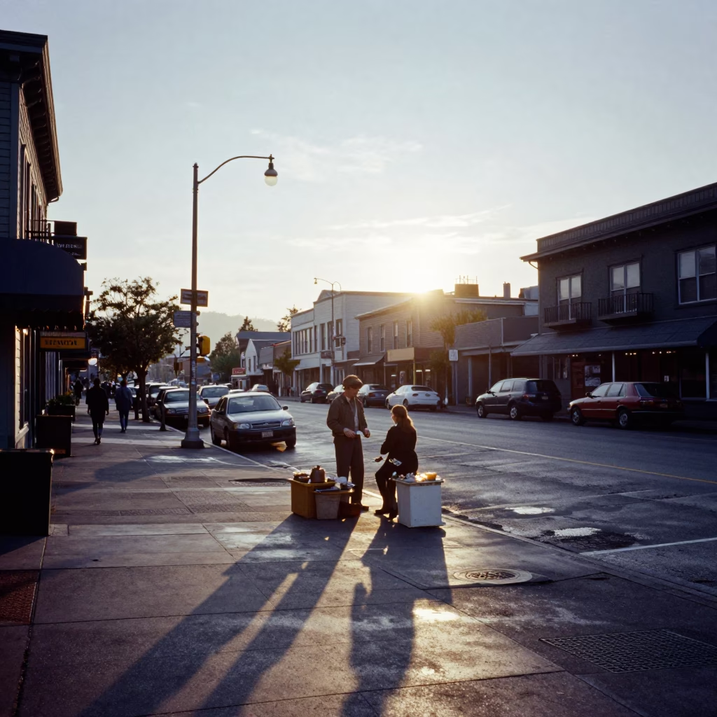 Vintage Seattle Street Scene Before Sunrise with Local Vendor and Commuters in in Seattle, Washington, United States