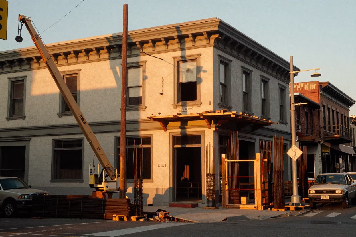 Vintage Seattle Street Scene Honeyed Evening Light Construction Site and Local Life in in Seattle, Washington, United States