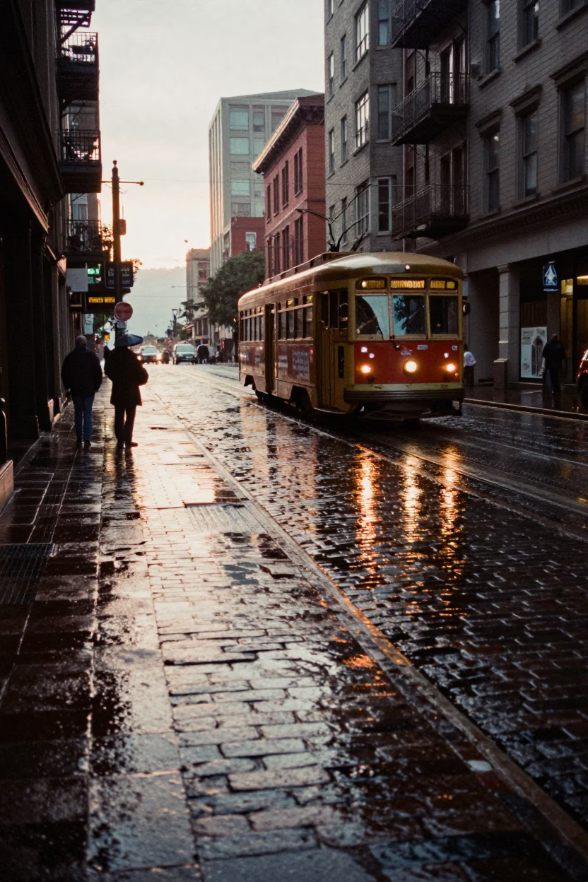 Vintage Seattle Street Scene Just After Sunrise with Rain and Reflections in in Seattle, Washington, United States