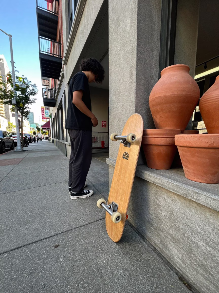 Vintage Seattle Street Scene Late Morning with Skateboard and Clay Pots in in Seattle, Washington, United States