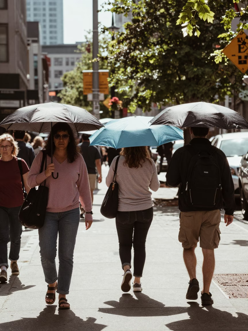 Vintage Seattle Street Scene Midmorning Light with Umbrellas and Local Activity in in Seattle, Washington, United States