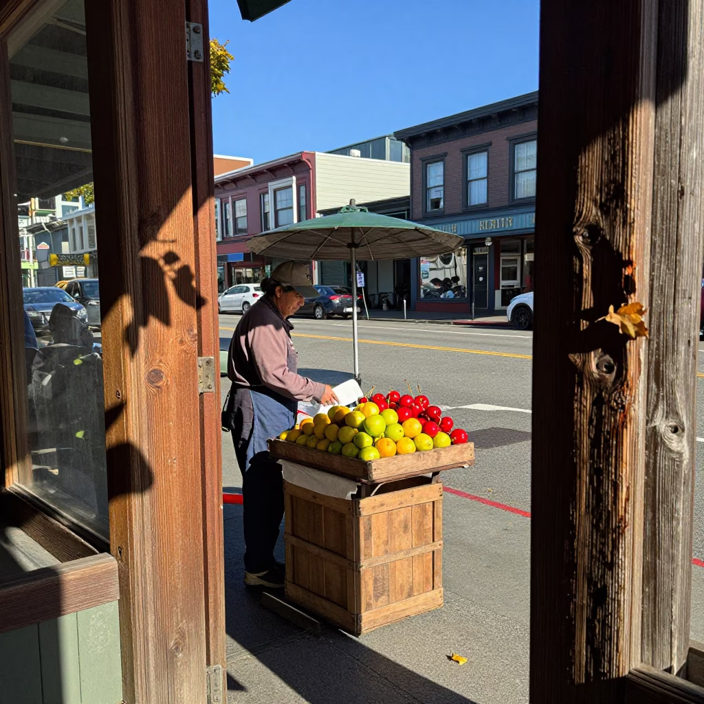 Vintage Seattle Street Scene with Cherry Vendor and Leaf Shadows on Latch in in Seattle, Washington, United States
