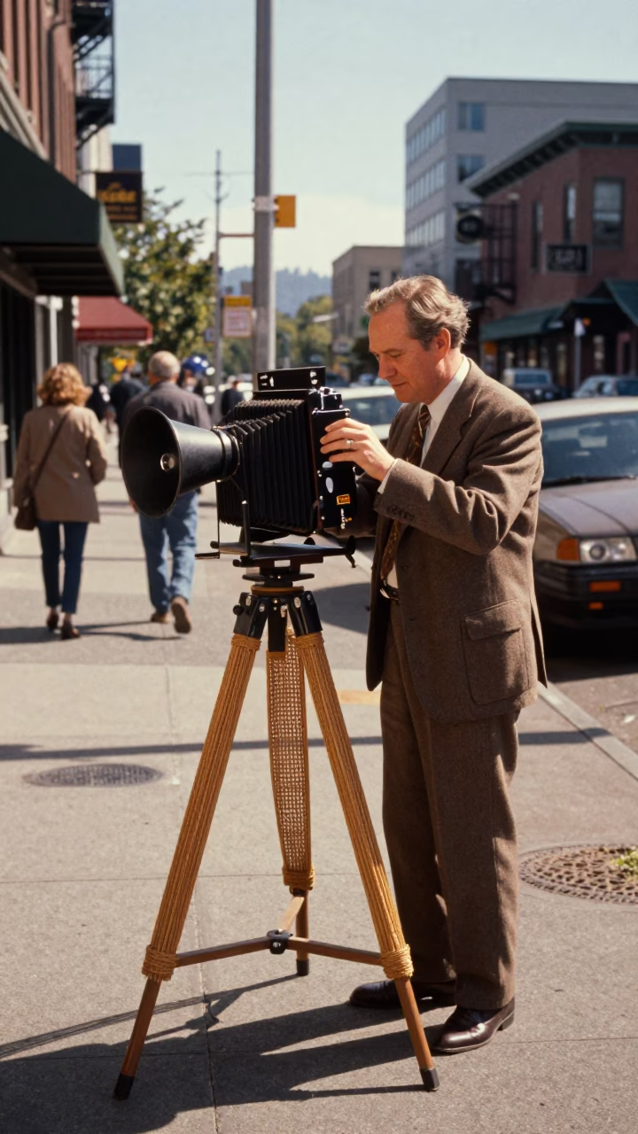 Vintage Seattle Street Scene with Woven Cane and Bellows Camera in in Seattle, Washington, United States