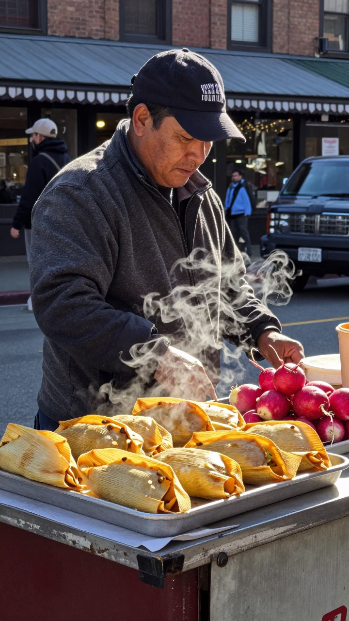 Vintage Seattle Street Vendor Serving Hot Tamales and Radishes in Bright Midmorning Light in in Seattle, Washington, United States