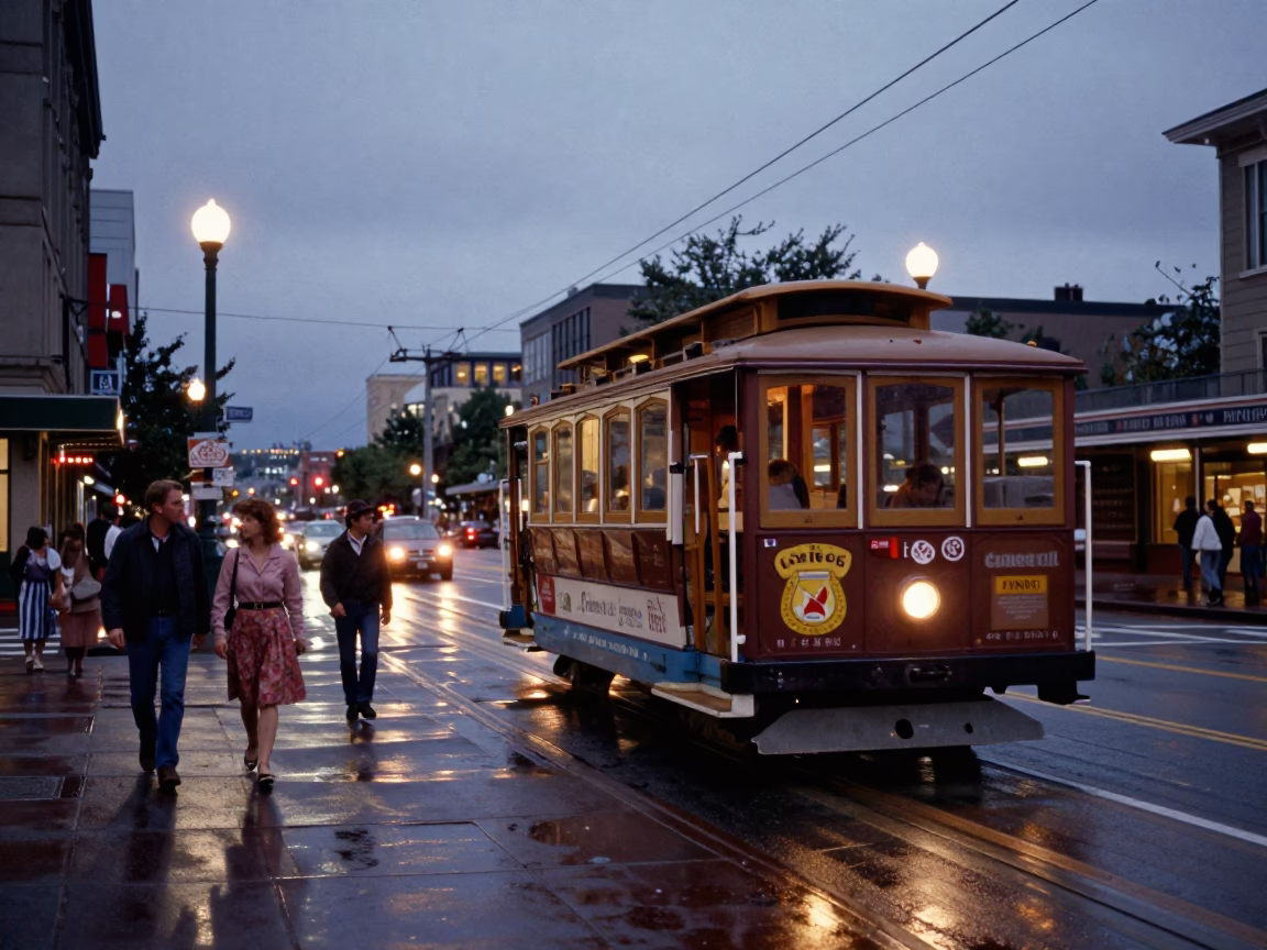 Vintage Seattle Twilight Street Scene with Cable Car and Urban Life in in Seattle, Washington, United States