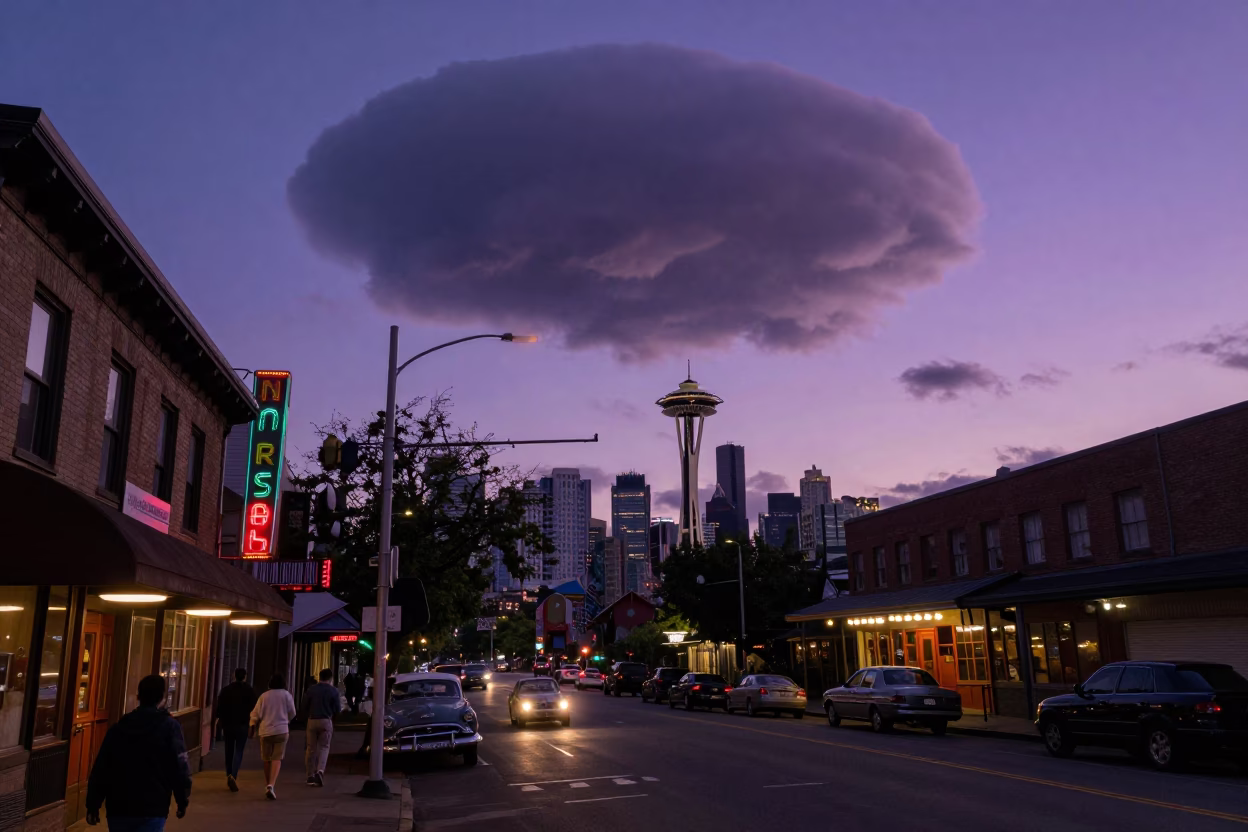 Vintage Seattle Twilight Street Scene with Funnel Clouds and Classic Cars in in Seattle, Washington, United States