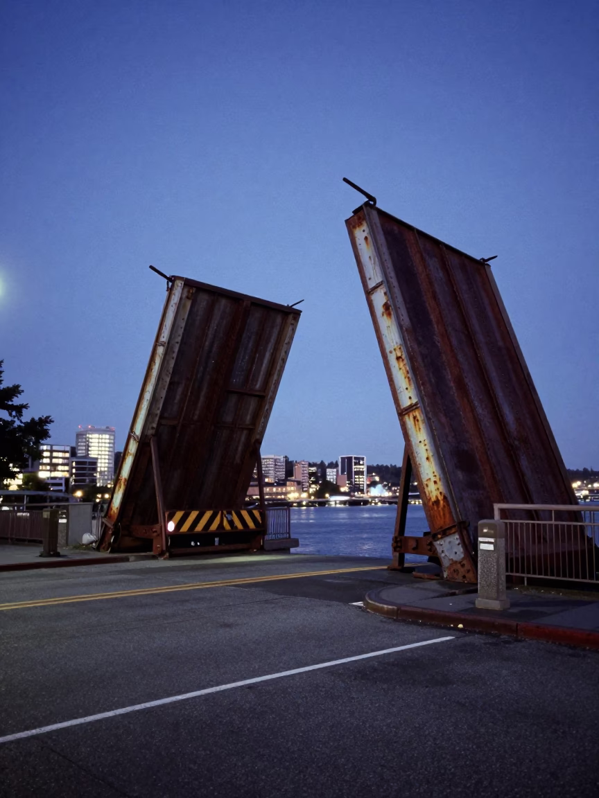 Vintage Seattle Twilight Street Scene with Rusted Drawbridge and Urban Activity in in Seattle, Washington, United States