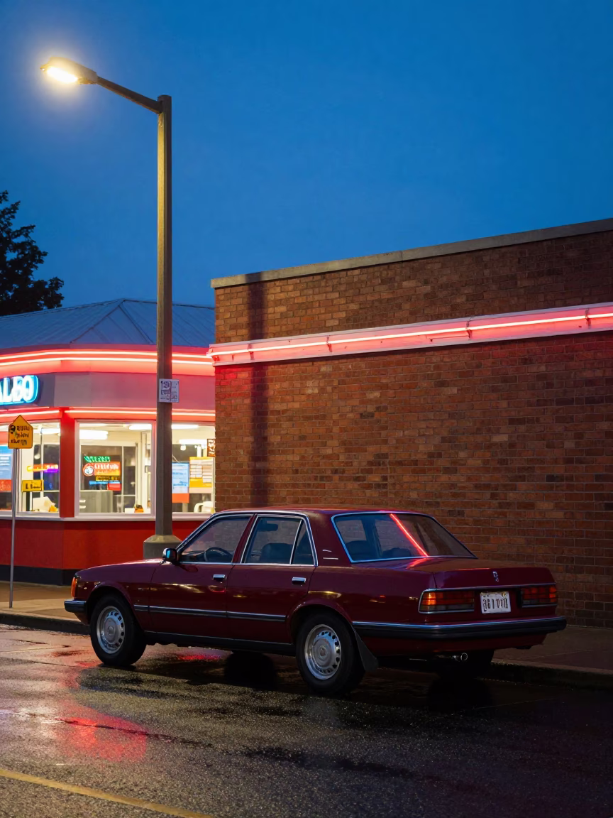 Vintage Sedan Parked Outside Portland Oregon Diner at Blue Hour With Streetlights in in Portland, Oregon, United States