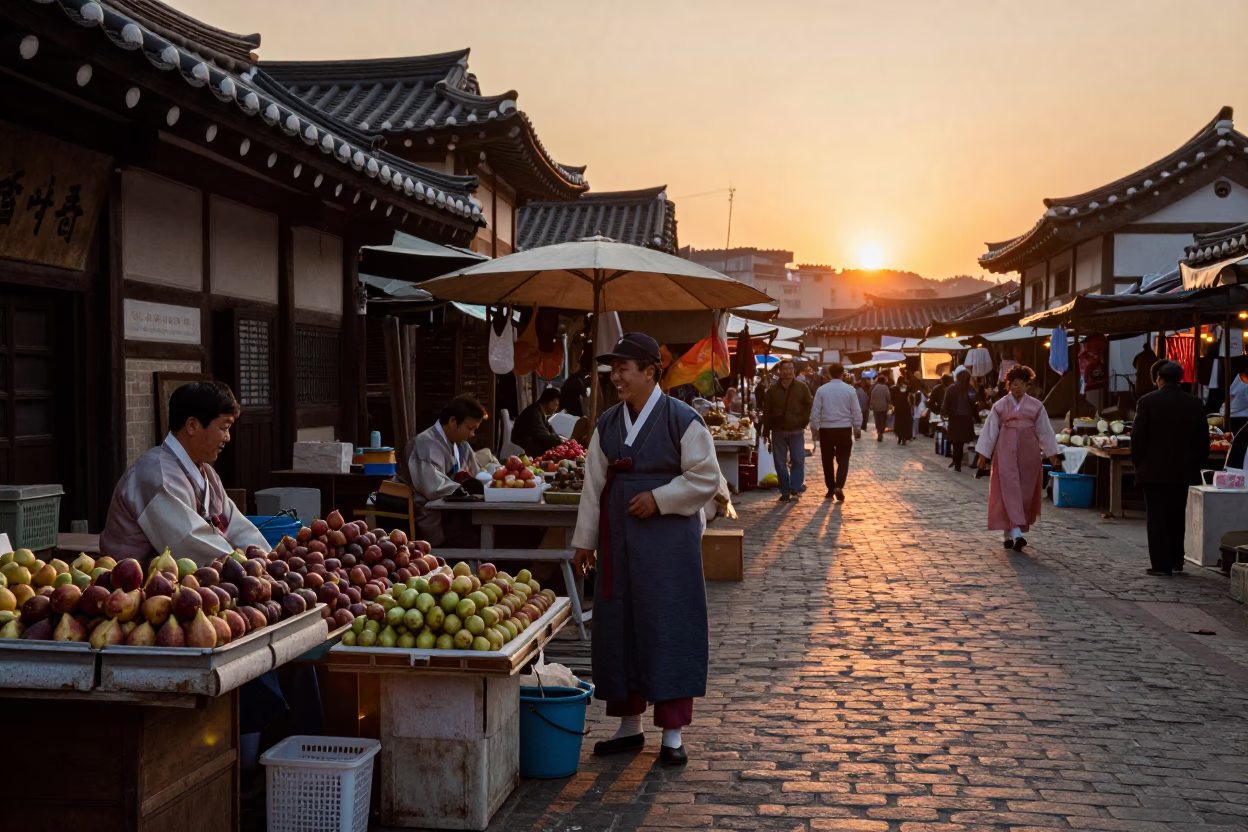 Vintage Seoul Street Scene at Sunset with Traditional Market Activity and Local Life in in Seoul, South Korea