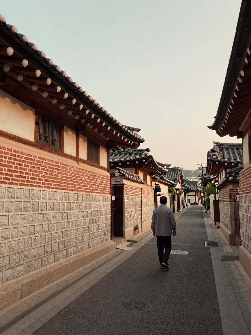 Vintage Seoul Street Scene Just After Sunrise with Traditional Architecture and Early Morning Activity in in Seoul, South Korea