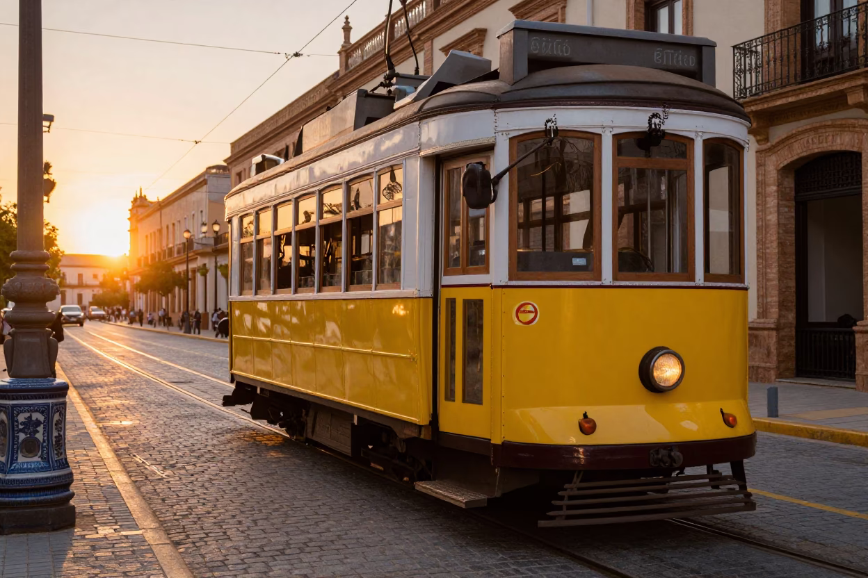Vintage Seville Street Scene with Heritage Tram and Ceramic Tiles at Sunset in in Seville, Spain