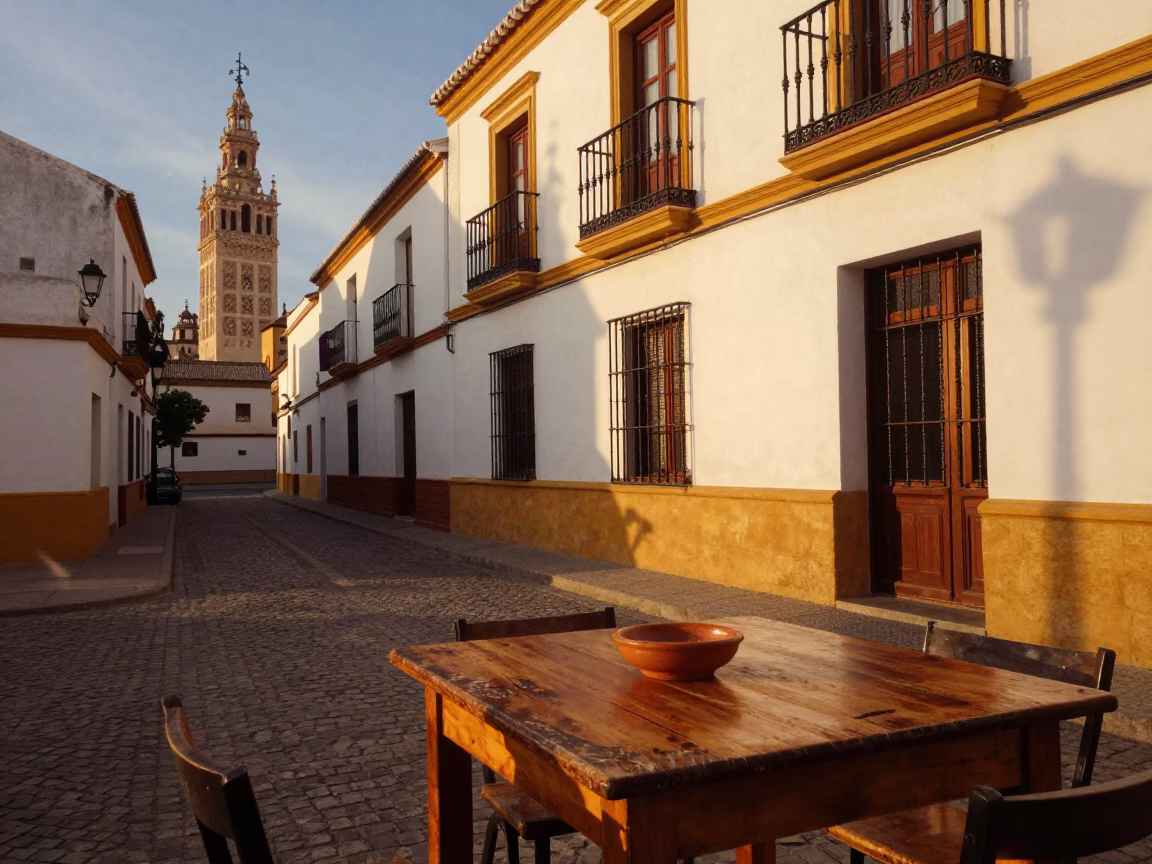 Vintage Seville Sunset Street Scene with Terracotta Bowl and Clothesline in in Seville, Spain