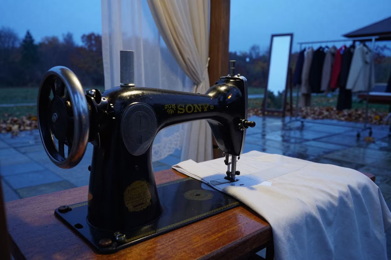 Vintage Sewing Machine Blue Hour Plaza in across a reflective public plaza near Olomouc