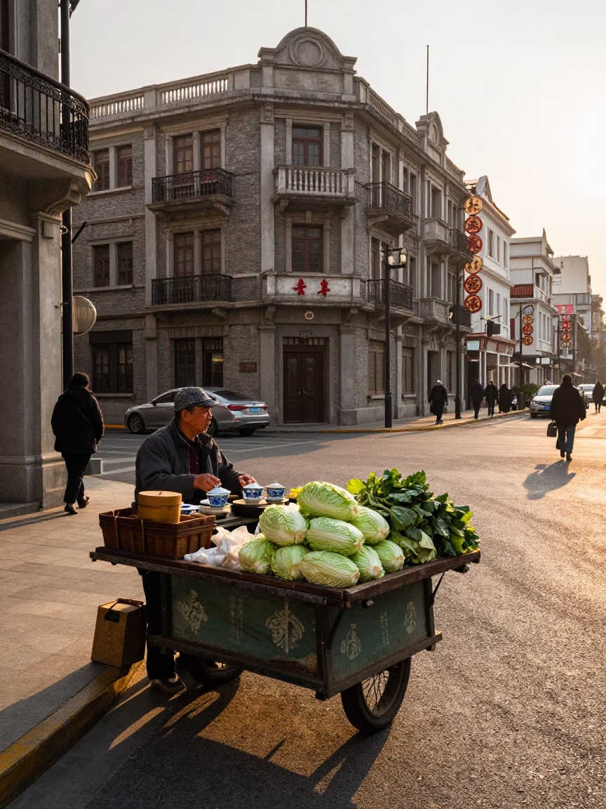 Vintage Shanghai Golden Hour Street Scene with Traditional Tea Service and Local Commerce in in Shanghai, China