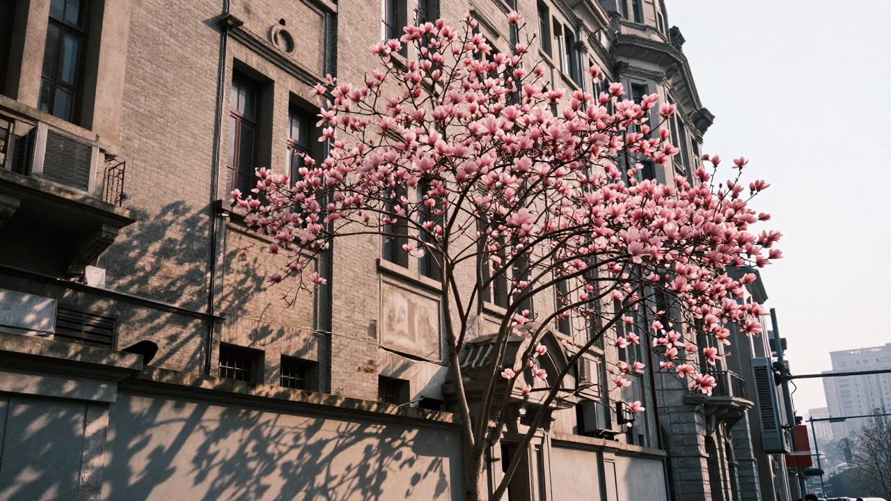 Vintage Shanghai Late Morning Street Scene with Magnolia Blossoms and Traditional Architecture in in Shanghai, China