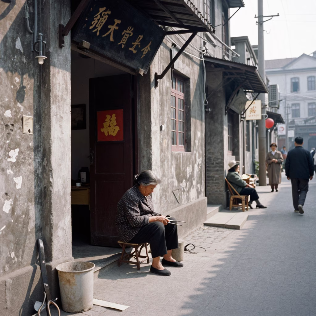 Vintage Shanghai Late Morning Street Scene with Sewing Scissors and Coat Stand in in Shanghai, China