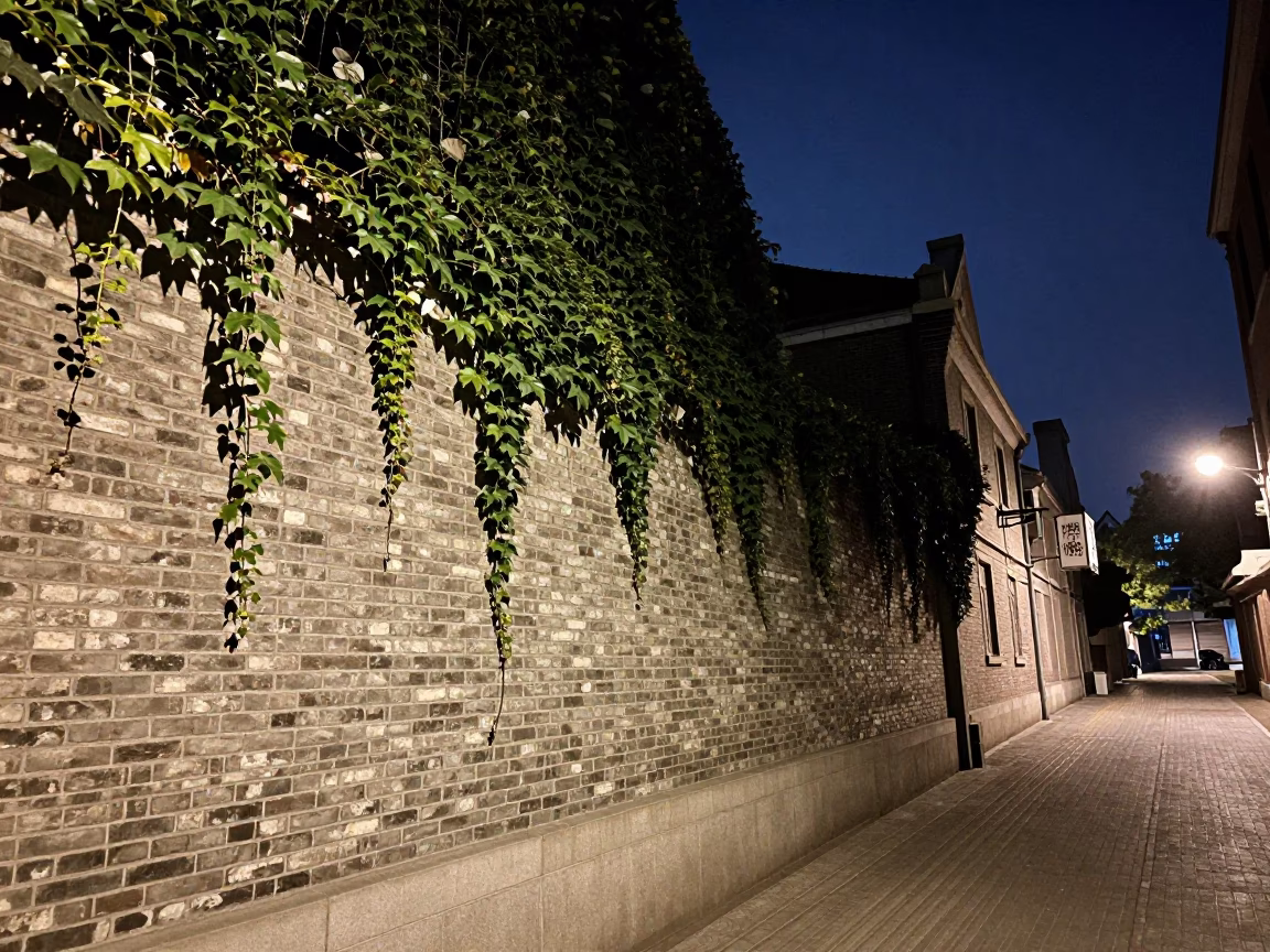 Vintage Shanghai Night Street Scene with Ivy Brick Wall and Scarf in in Shanghai, China