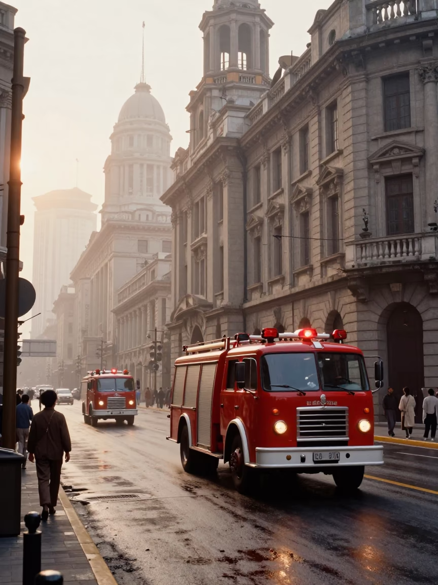 Vintage Shanghai Street Scene at Dawn with Fire Engine and Metro Train in in Shanghai, China