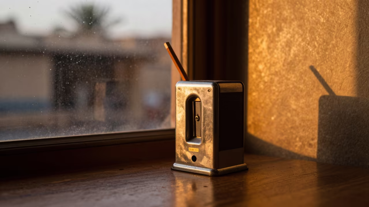Vintage Sharpener in Harar Sunset Light in on a cafe table by a window in Harar